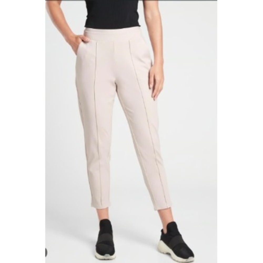 Athleta Venice Pintuck Pant Beige Tapered Jogger Zip Pocket Large